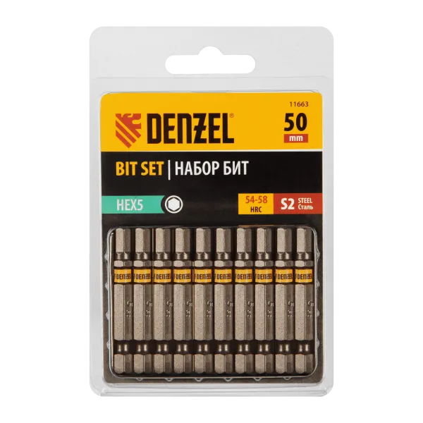 Бита DENZEL HEX 5х50, сталь S2, шестигранный профиль, 10 шт. Е 6,3