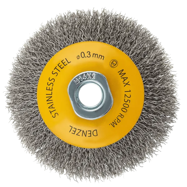 Щетка для УШМ DENZEL 746083, 100 мм, «тарелка», витая нержавеющая проволока 0.3 мм, М14