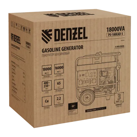 Генератор бензиновый DENZEL PS-180EAD-3, 18 кВт,230/400 В, 65л, разъем ATS,перекл.режима,эл.старт