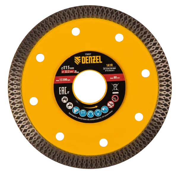 Диск алмазный отрезной DENZEL 115 х 22,2мм, сплошной, супертонкий, горячий пресс, сухой/мокрый рез