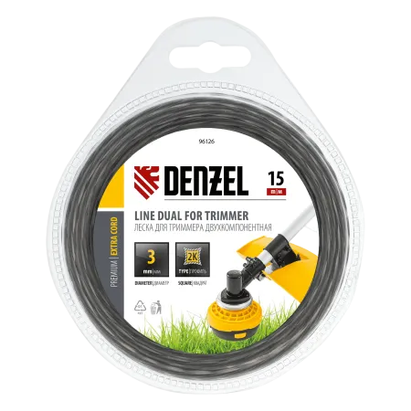 Леска для триммера DENZEL Extra cord 96126, 3 мм x 15 м, квадратная, двухкомпонентная