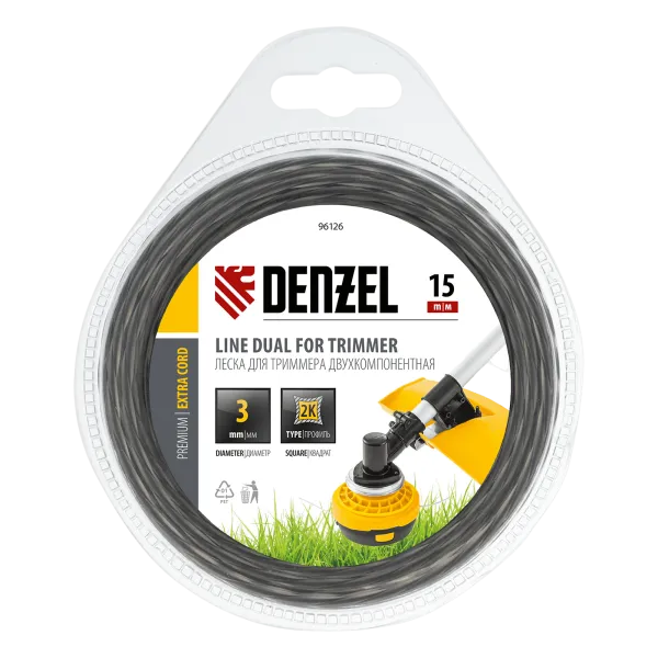 Леска для триммера DENZEL Extra cord 96126, 3 мм x 15 м, квадратная, двухкомпонентная