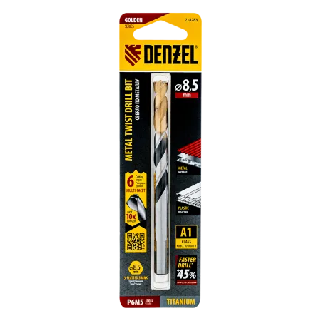 Сверло спиральное по металлу DENZEL 8,5 x 117 мм, Р6М5, Golden Tip, многогранная заточка