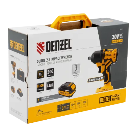 Гайковерт ударный аккумуляторный бесщет. DENZEL CIWH-BL-20-500, Li-Ion, 20 В