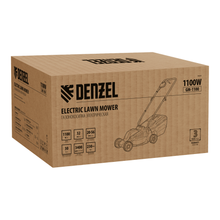 Газонокосилка электрическая DENZEL GM-1100, 1100 Вт, шир. 32 см, 3 уров., травосб. 30 л