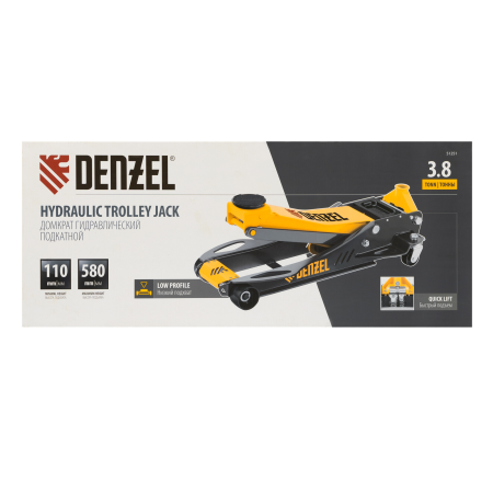 Домкрат гидравлический подкатной DENZEL 3,8 т, 110-580 мм, быстрый подъем, низкий подхват, проф.