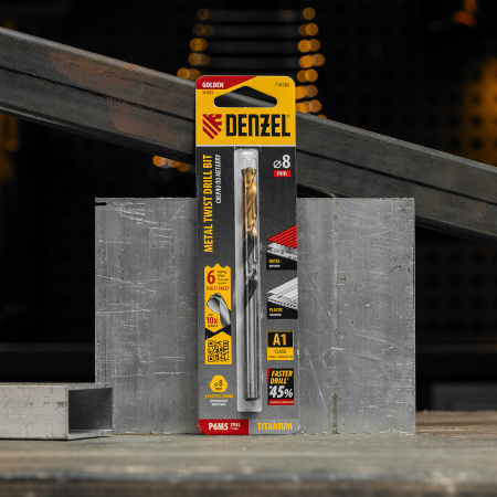 Сверло спиральное по металлу DENZEL 8 x 117 мм, Р6М5, Golden Tip, многогранная заточка