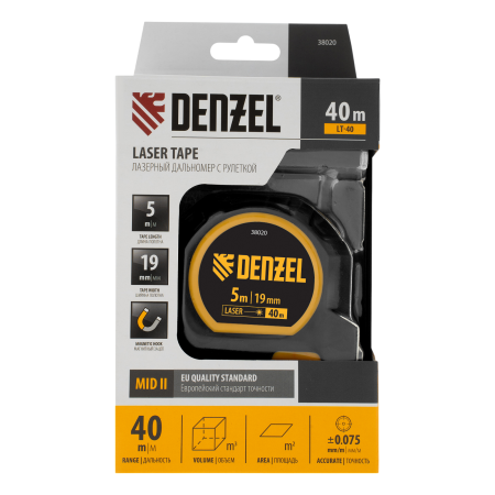 Лазерный дальномер с рулеткой LT-40 DENZEL 5м x 19 мм, дальномер 40м, автомат. фиксация