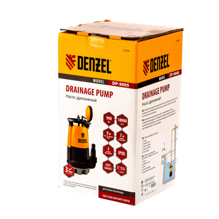 Дренажный насос DENZEL DP900S для чистой и грязной воды, 900 Вт, напор 9 м, 18000 л/ч