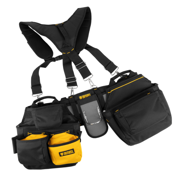Пояс монтажника усиленный DENZEL с лямками, сумки поясные, держатель для молотка