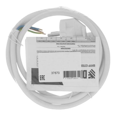 Шнур сетевой Energy Series DENZEL, ПВС, 1,5 м, 3 x 1,5 мм, с неразборной вилкой, белый