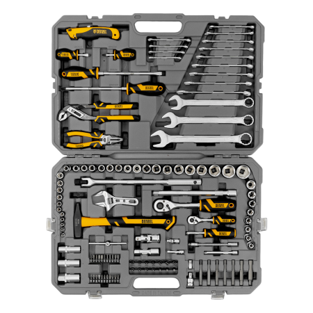 Набор инструментов DENZEL 1/2", 1/4", CrV, S2, пластиковый кейс, 122 предмета Набор инструментов DENZEL 1/2", 1/4", CrV, S2, пластиковый кейс, 122 предмета