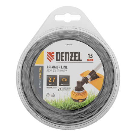 Леска для триммера DENZEL 96249 двухкомпонентная эллипс, 2,7мм х 15м, блистер EXTRA CORD