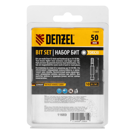 Бита DENZEL TX 20х50, сталь S2, шестигранный профиль, 10 шт. Е 6,3