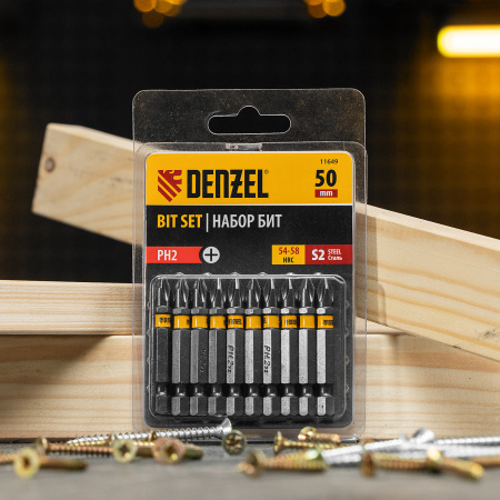 Бита DENZEL PH2х50, сталь S2, шестигранный профиль, 10 шт. Е 6,3