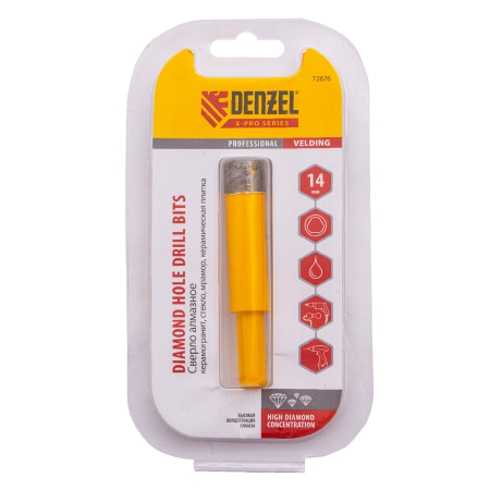 Сверло алмазное по керамограниту DENZEL 72676, 14 мм, мокрая резка, трехгранный хвостовик
