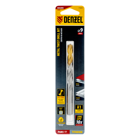 Сверло спиральное по металлу DENZEL 9 x 125 мм, Р6М5, Golden Tip