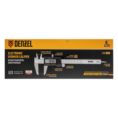 Штангенциркуль DENZEL 150 мм, электронный, с глубиномером