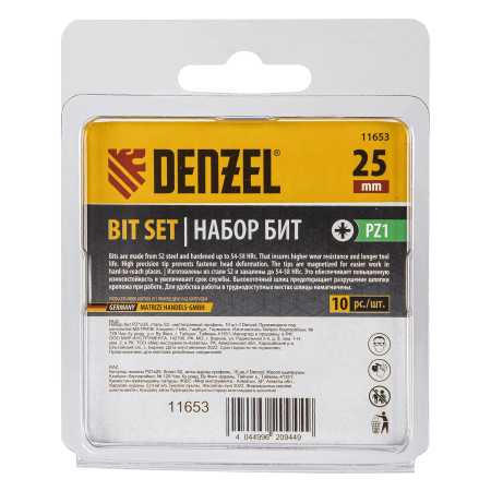 Бита DENZEL PZ1х25, сталь S2, шестигранный профиль, 10 шт. Е 6,3