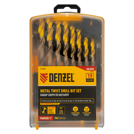 Набор сверл по металлу DENZEL, 1-10 мм, Р6М5К8-TiN, Golden Tip, 19 шт