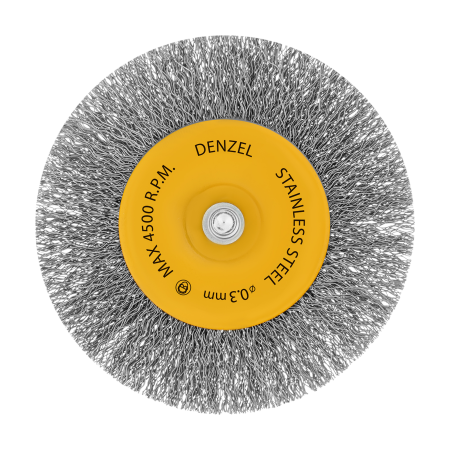 Щетка для дрели DENZEL 100 мм, Плоская, со шпилькой, нержавеющая витая проволока
