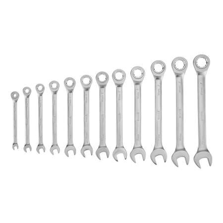 Набор ключей комбинированных трещоточных DENZEL 6-19 мм, 12 шт., CrV, матовый хром