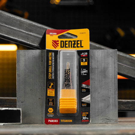 Сверло ступенчатое DENZEL 4-6-8-10-12-14-16-18-20 мм, Р6М5К5, 6-гр. хвостовик