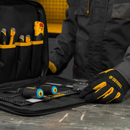 Сумка для инструмента DENZEL 400х170х300 мм, 3 отделения, 28 карманов, наплечный ремень