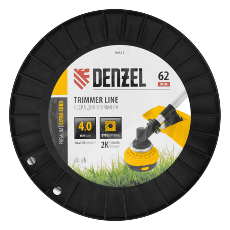 Леска для триммера DENZEL двухкомпонентная квадрат, 4,0мм х 62м, на DIN катушке EXTRA CORD