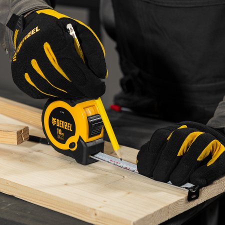 Рулетка DENZEL 10м х 25мм, двухкомп. корпус, кнопка-пауза