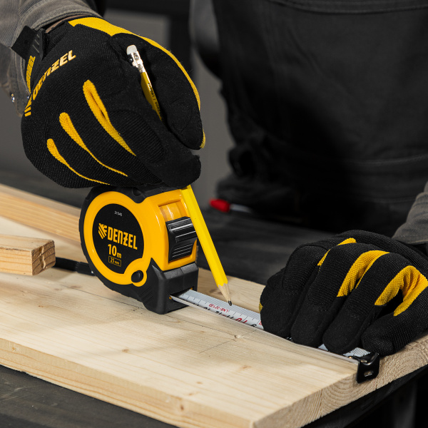 Рулетка DENZEL 10м х 25мм, двухкомп. корпус, кнопка-пауза