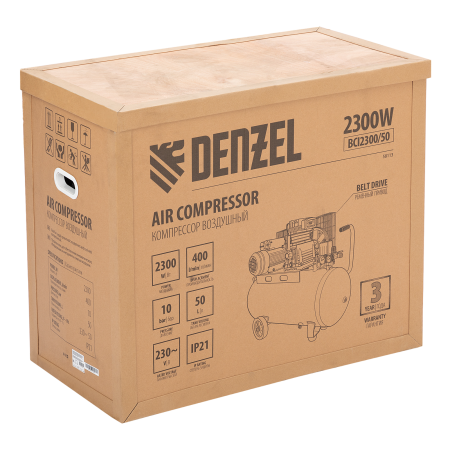 Компрессор воздушный DENZEL BCI2300/50, 2.3 кВт, ременный привод, 50 литров, 400 л/мин