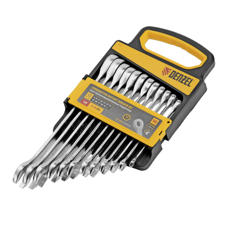 Набор ключей комбинированных трещоточных DENZEL 6-19 мм, 12 шт., CrV, матовый хром