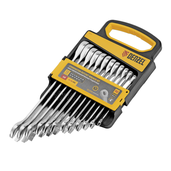 Набор ключей комбинированных трещоточных DENZEL 6-19 мм, 12 шт., CrV, матовый хром