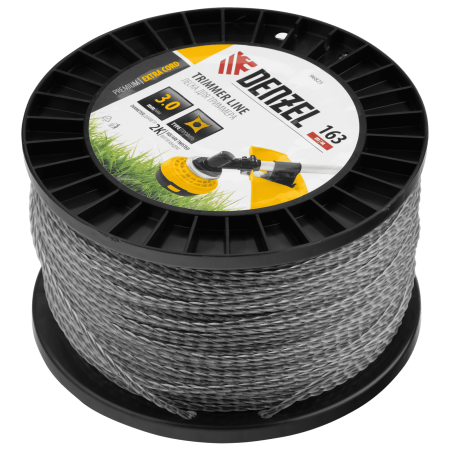 Леска для триммера DENZEL двухкомпонентная витой квадрат, 3,0мм х 163м, на DIN катушке EXTRA CORD