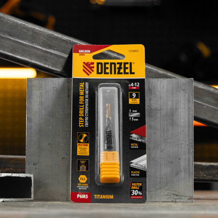 Сверло ступенчатое DENZEL 4-5-6-7-8-9-10-11-12 мм, Р6М5, 6-гр. хвостовик