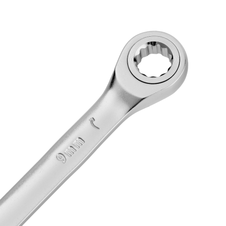 Ключ комбинированный трещоточный DENZEL, 9 мм, CrV, матовый хром