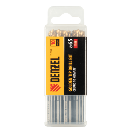Сверло по металлу DENZEL 6,5 мм, HSS-Tin, Golden Tip, 10 шт.