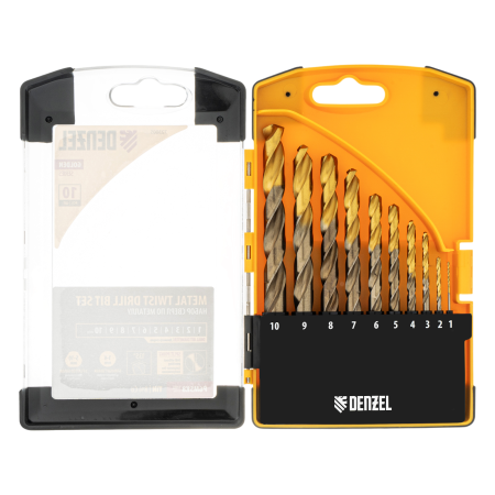 Набор сверл по металлу DENZEL, 1-10 мм, Р6М5К8-TiN, Golden Tip, 10 шт