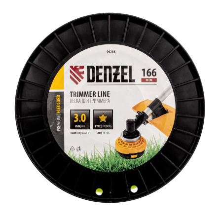Леска для триммера DENZEL 96288 звезда, 3,0мм х 166м, на DIN катушке FLEX CORD