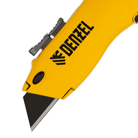 Нож DENZEL 19мм, сменное трапециевидное лезвие, SK4, алюминиевый корпус, торцевой зажим Нож DENZEL 19мм, сменное трапециевидное лезвие, SK4, алюминиевый корпус, торцевой зажим