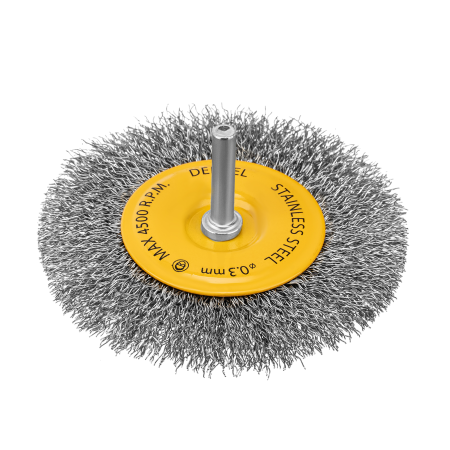 Щетка для дрели DENZEL 100 мм, Плоская, со шпилькой, нержавеющая витая проволока