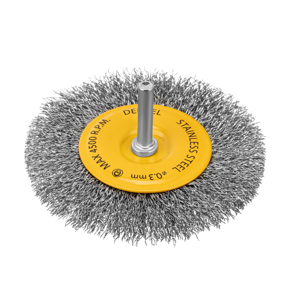 Щетка для дрели DENZEL 100 мм, Плоская, со шпилькой, нержавеющая витая проволока