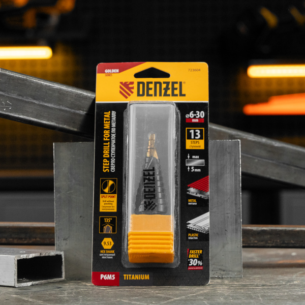Сверло ступенчатое DENZEL, 6-8-10-12-14-16-18-20-22-24-26-28-30мм, Р6М5, 6-гр. хвостовик