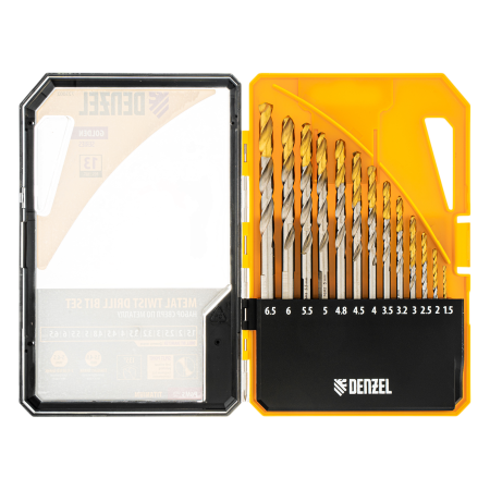 Набор сверл по металлу DENZEL, 1,5-6,5мм, Р6М5-TiN, Golden Tip, 13 шт