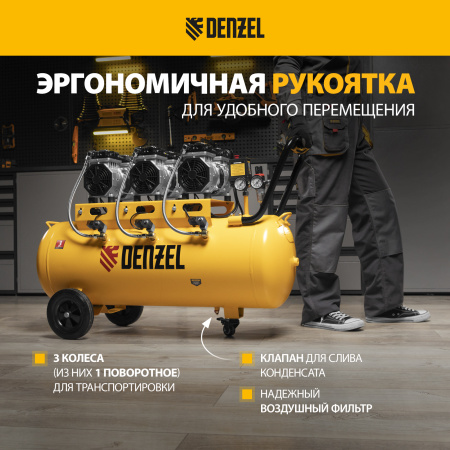 Компрессор безмасляный, малошумный DENZEL DLS 1800/100,1800 Вт, 3x600, 100 л, 345 л/мин