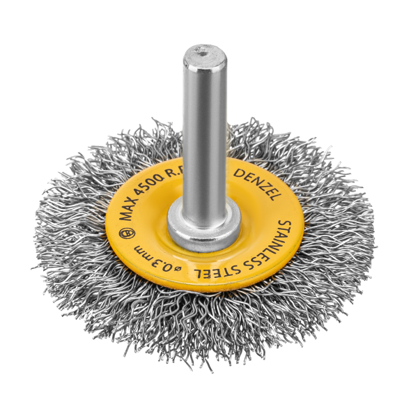 Щетка для дрели DENZEL, 50 мм, Плоская, со шпилькой, нержавеющая витая проволока