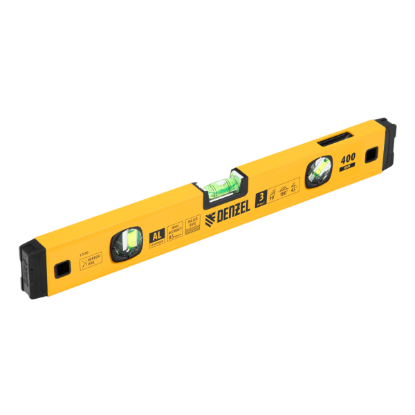 Уровень алюминиевый DENZEL магнит., фрезерованный, 3 глазка (1 зеркал.), 0,5 мм/м, 400 мм