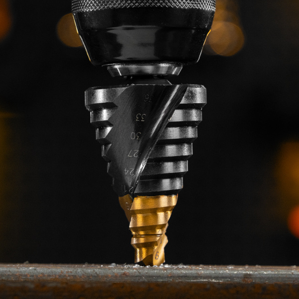 Сверло ступенчатое DENZEL, 9-12-15-18-21-24-27-30-33-36 мм, Р6М5, 6-гр. хвостовик