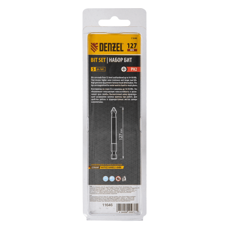 Бита DENZEL PH2х127, сталь S2, цилиндр., 5шт. Е 6,3 Бита DENZEL PH2х127, сталь S2, цилиндр., 5шт. Е 6,3